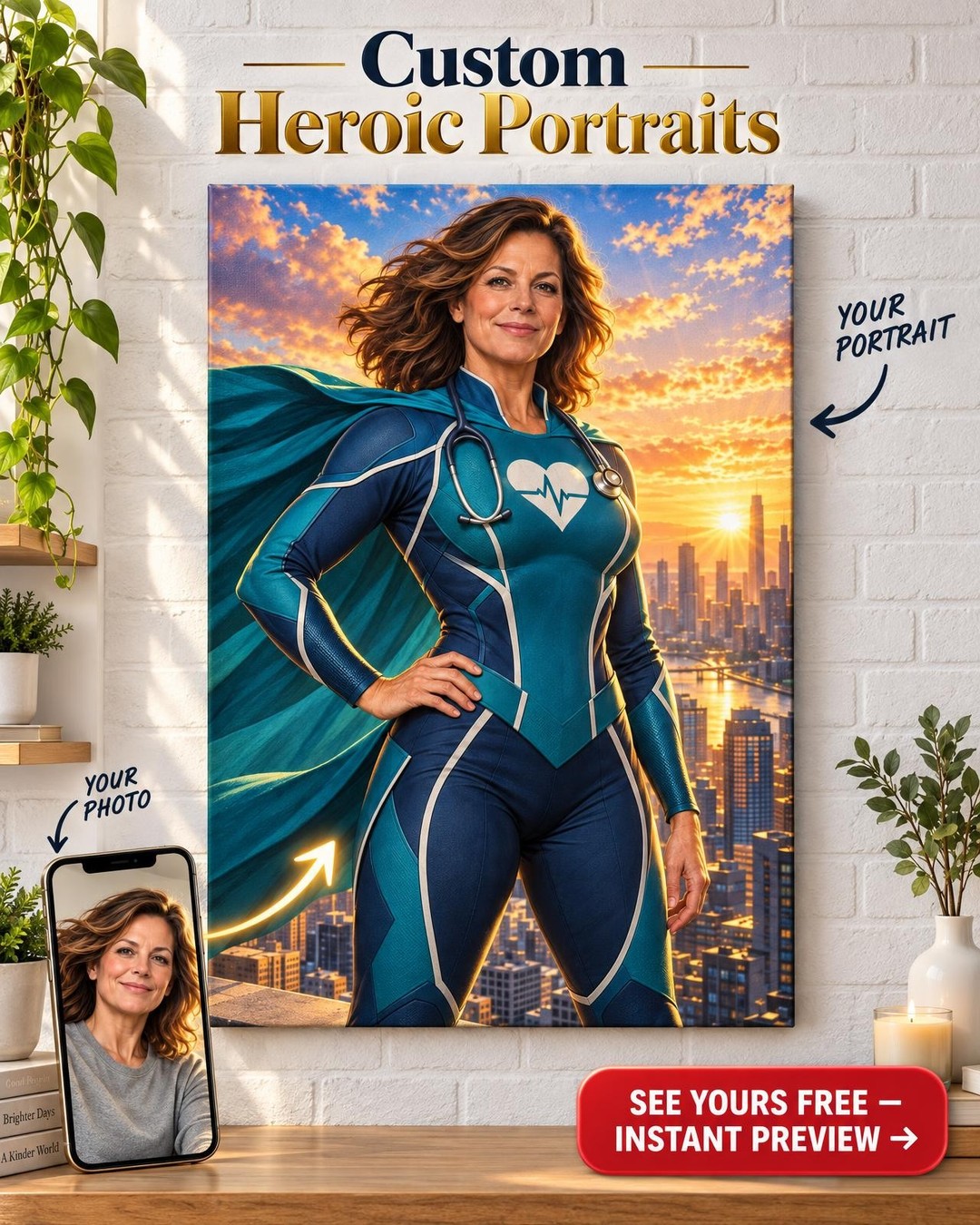 Super Nurse Custom Portrait from Photo | Personalized Superhero Portrait Gift
