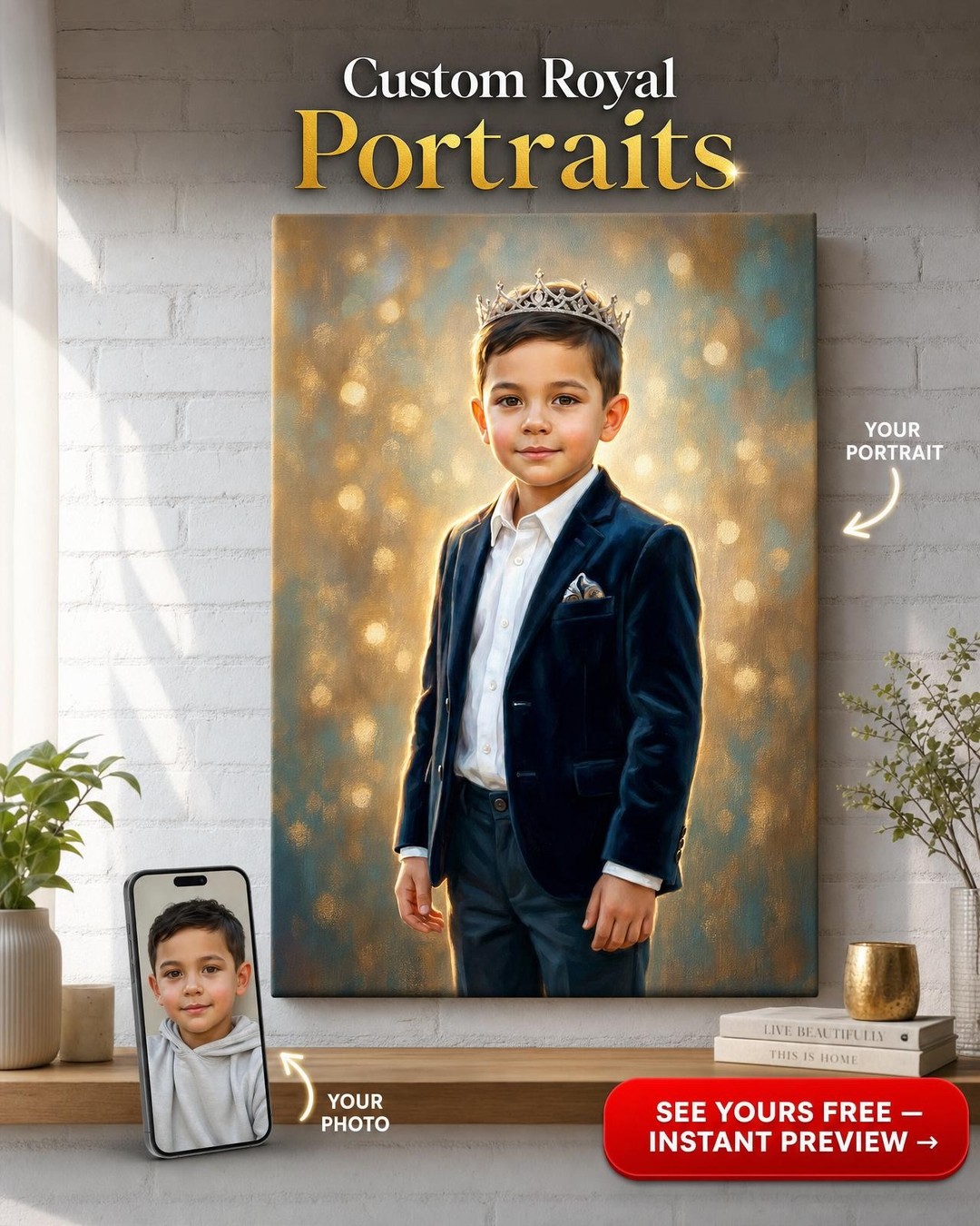 Custom Royal Boy Portrait — Regal Crown Canvas from Photo