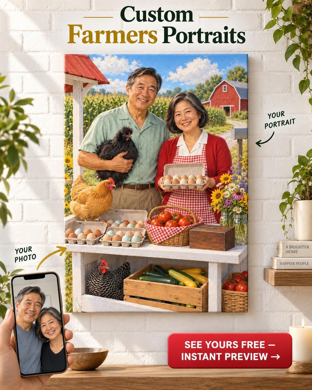 Farm Stand Couple Custom Portrait from Photo | Personalized Backyard Chickens Gift