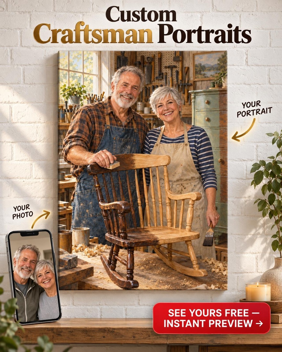 Restoration Workshop Couple Custom Portrait from Photo | Personalized Antique Shop Gift