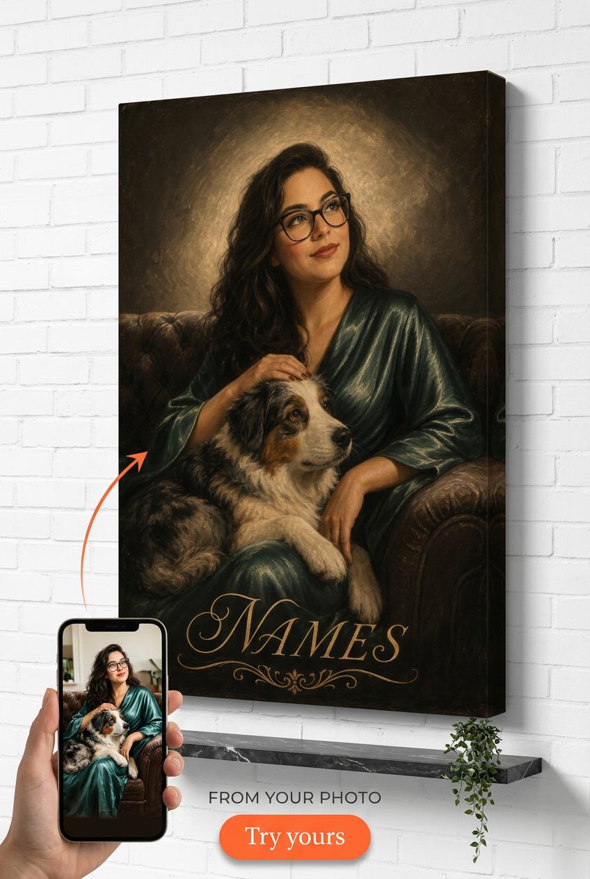Custom 1940s Hollywood Sofa Pet & Owner Portrait from Photo | Personalized Canvas Gift