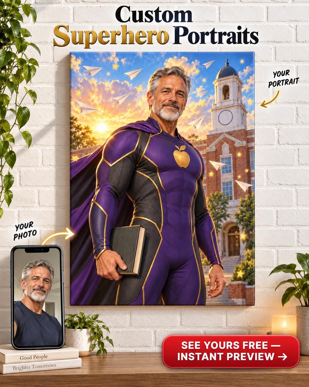 Super Teacher for Him Custom Portrait from Photo | Personalized Superhero Portrait Gift