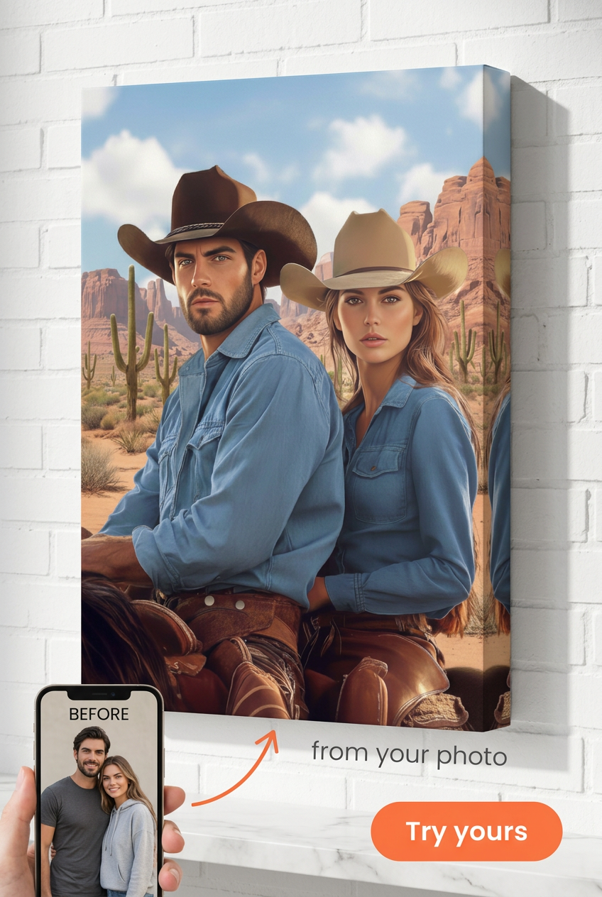 Ritratto personalizzato Western Cowboy & Cowgirl da foto | Regalo personalizzato per coppie