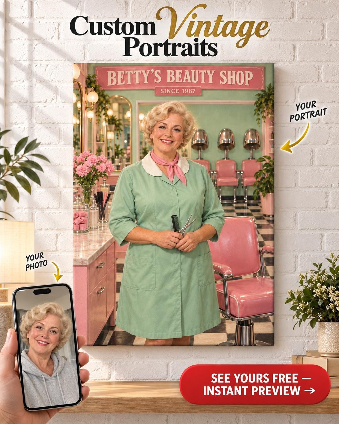 Vintage Beauty Parlor Custom Portrait from Photo | Personalized Salon Portrait Gift
