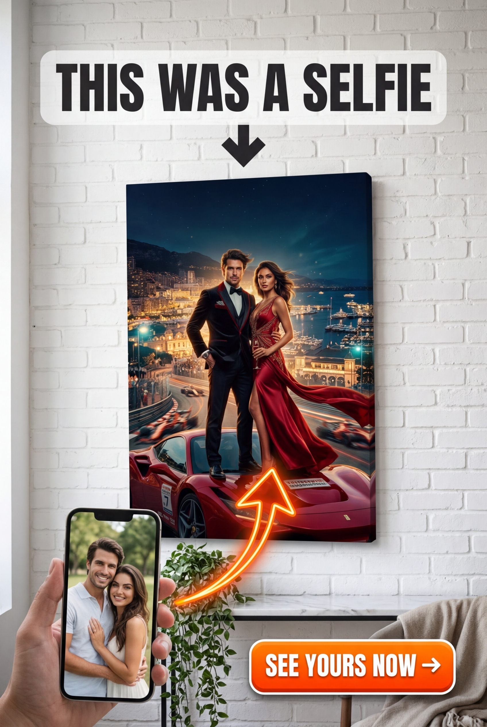 Custom Royal Couple Portrait — Festive City Skyline Canvas