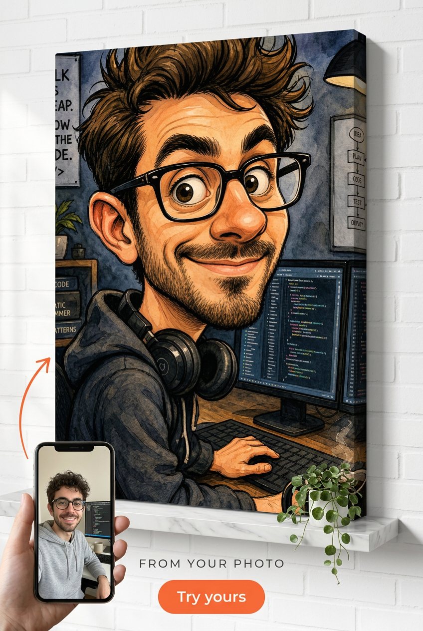 Custom Caricature Single-Man Portrait — Code & Coffee Whimsy