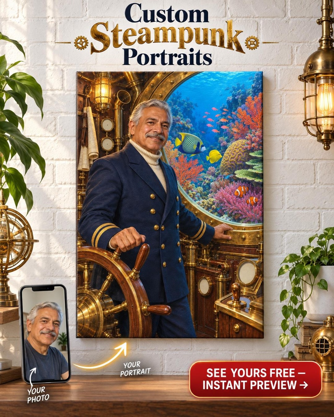 Captain Reef Custom Portrait from Photo | Personalized Reef Aquarium Gift