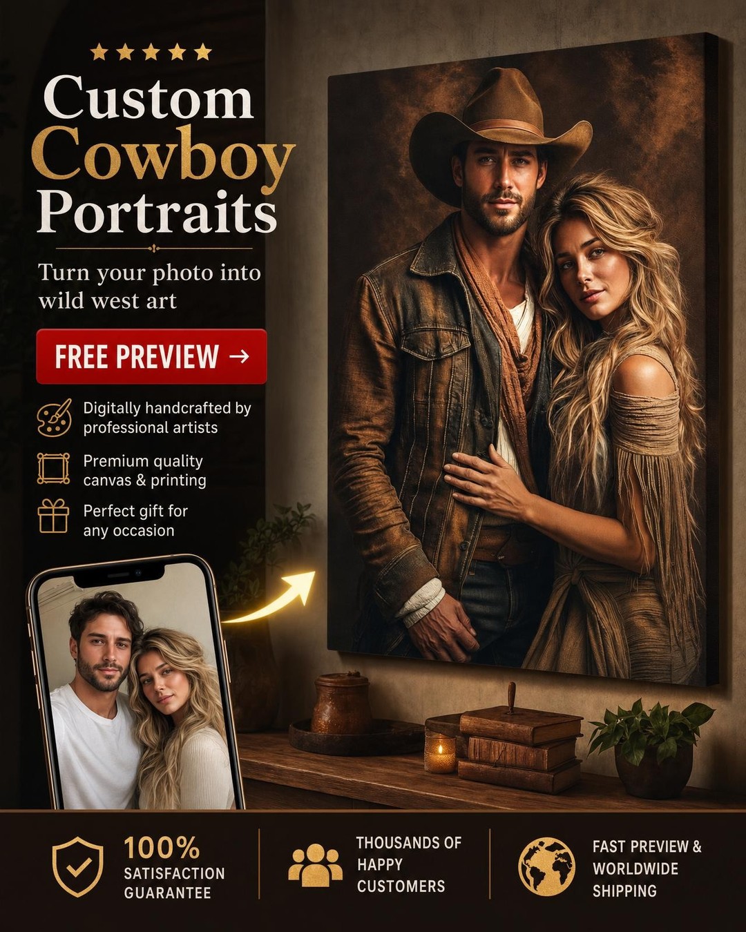 Custom Cowboy Couple Portrait — Romantic Western Canvas