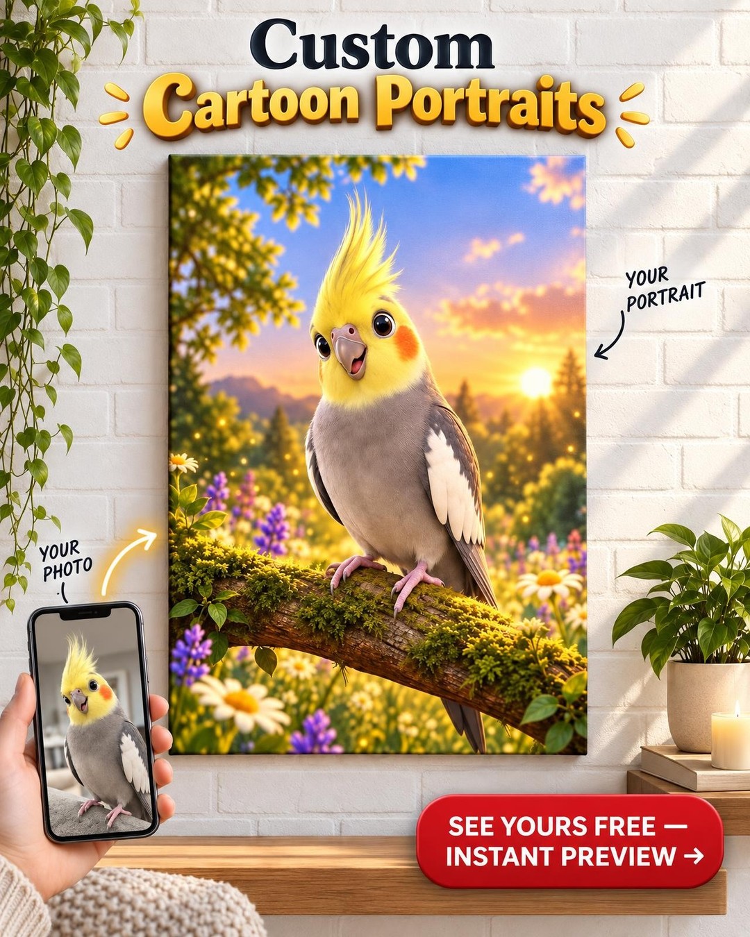 Pixar-Style Cockatiel Canvas - Custom 3D Portrait