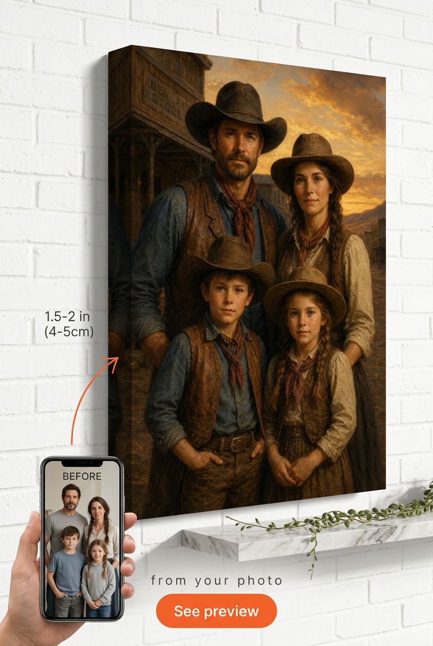 Custom Cowboy Family Portrait — Heroic Western Canvas from Photo