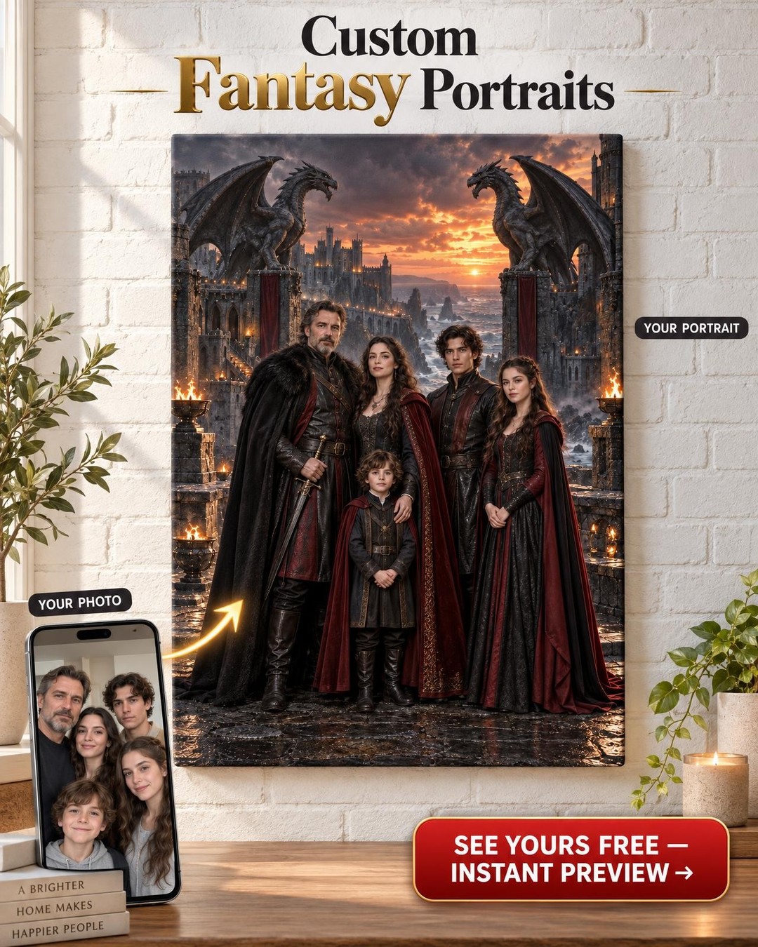 Dragon House Family Custom Portrait from Photo | Personalized Fantasy Portrait Gift