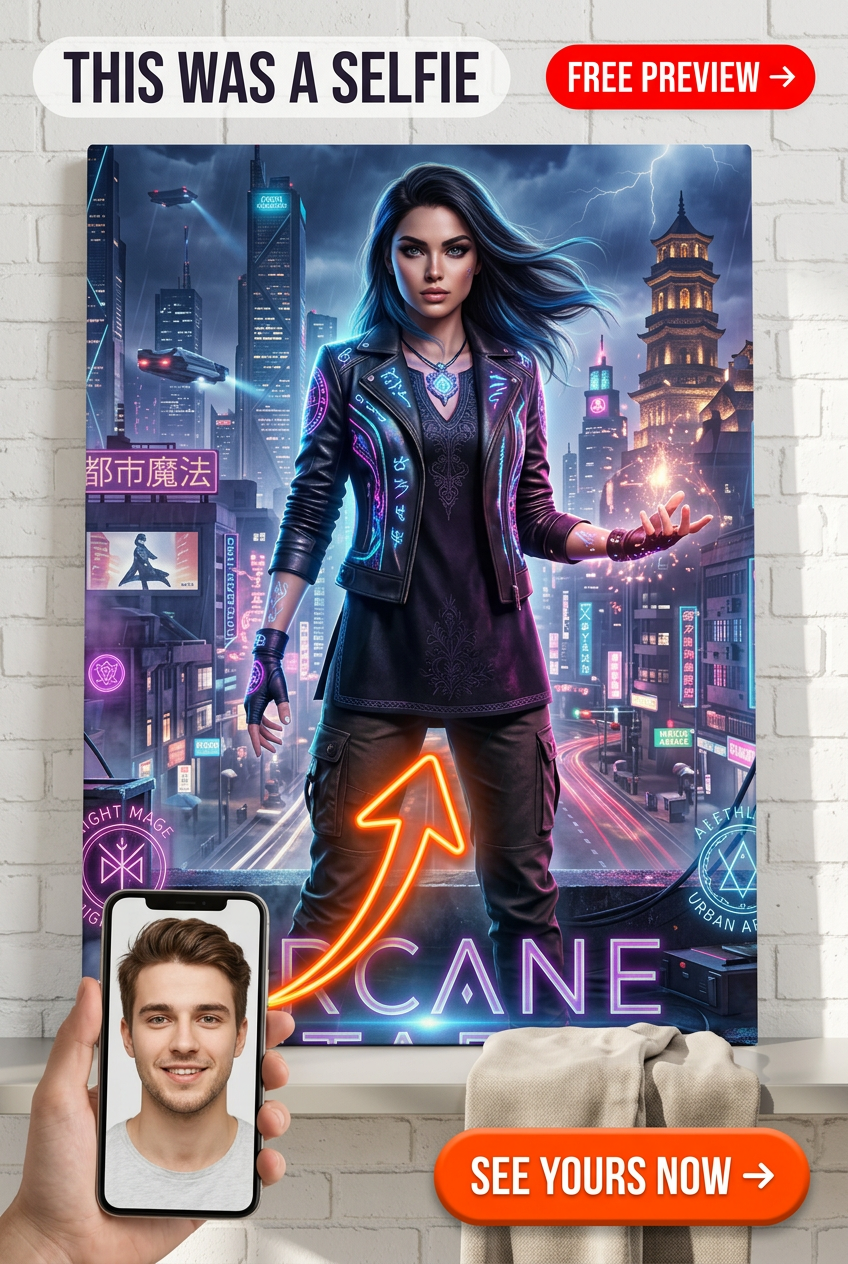 Custom Cyberpunk Man Portrait — Neon Cityscape Canvas for Woman