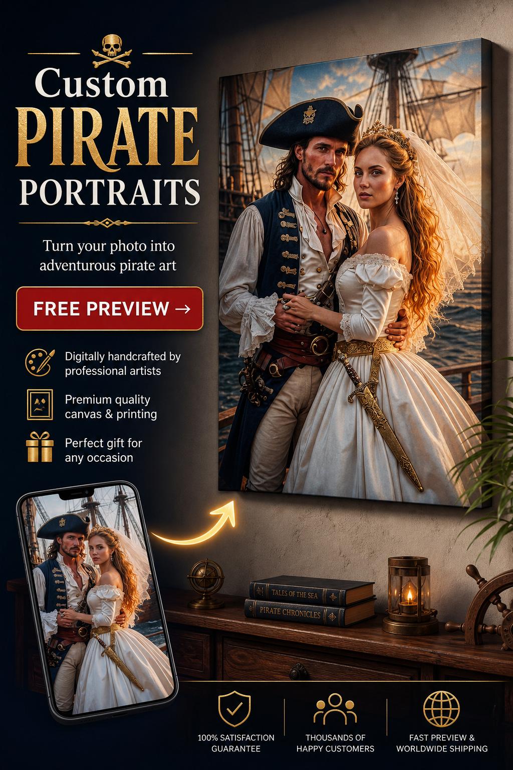 Wedding Pirate Custom Portrait from Photo | Personalized Canvas Gift