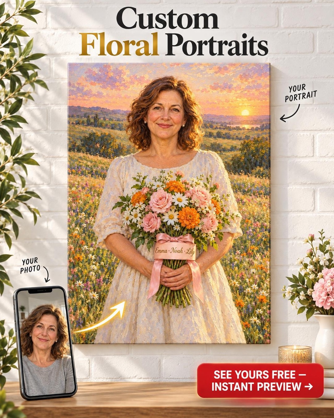 Birth Flower Bouquet Custom Portrait from Photo | Personalized Gift for Mom