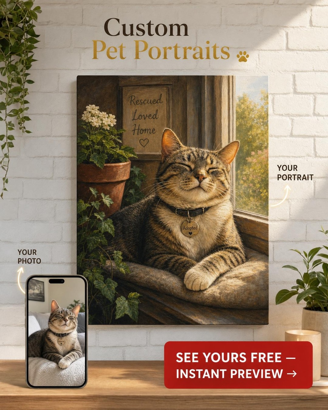 Rescue Cat Forever Home Portrait — photoreal canvas with face-swap on a template