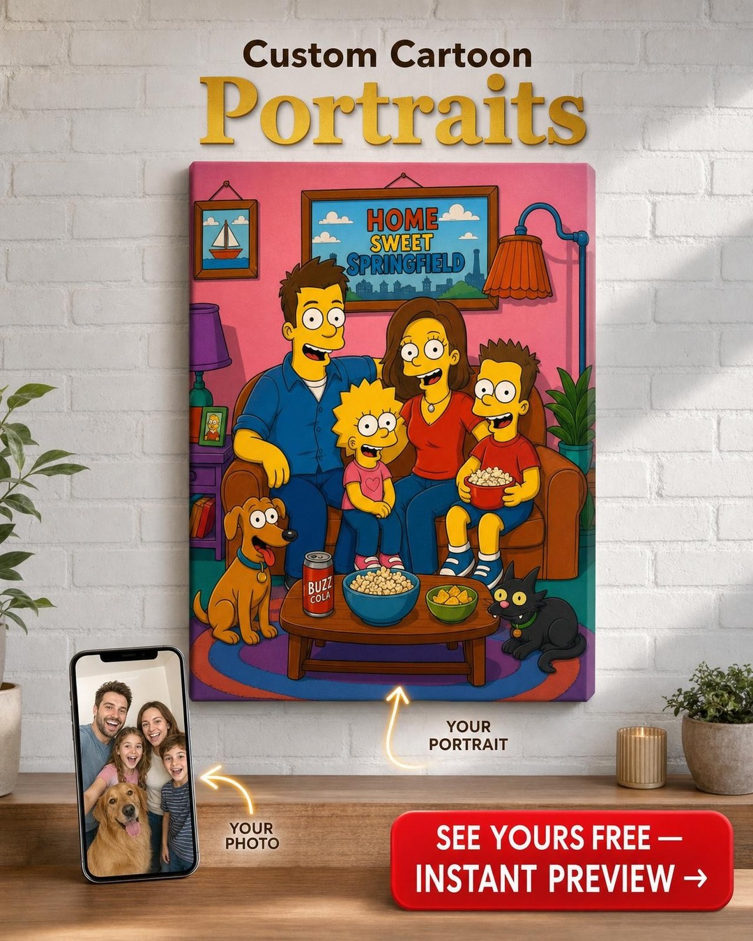 Custom Yellow Cartoon Family Portrait — Colorful Family Canvas from Photo