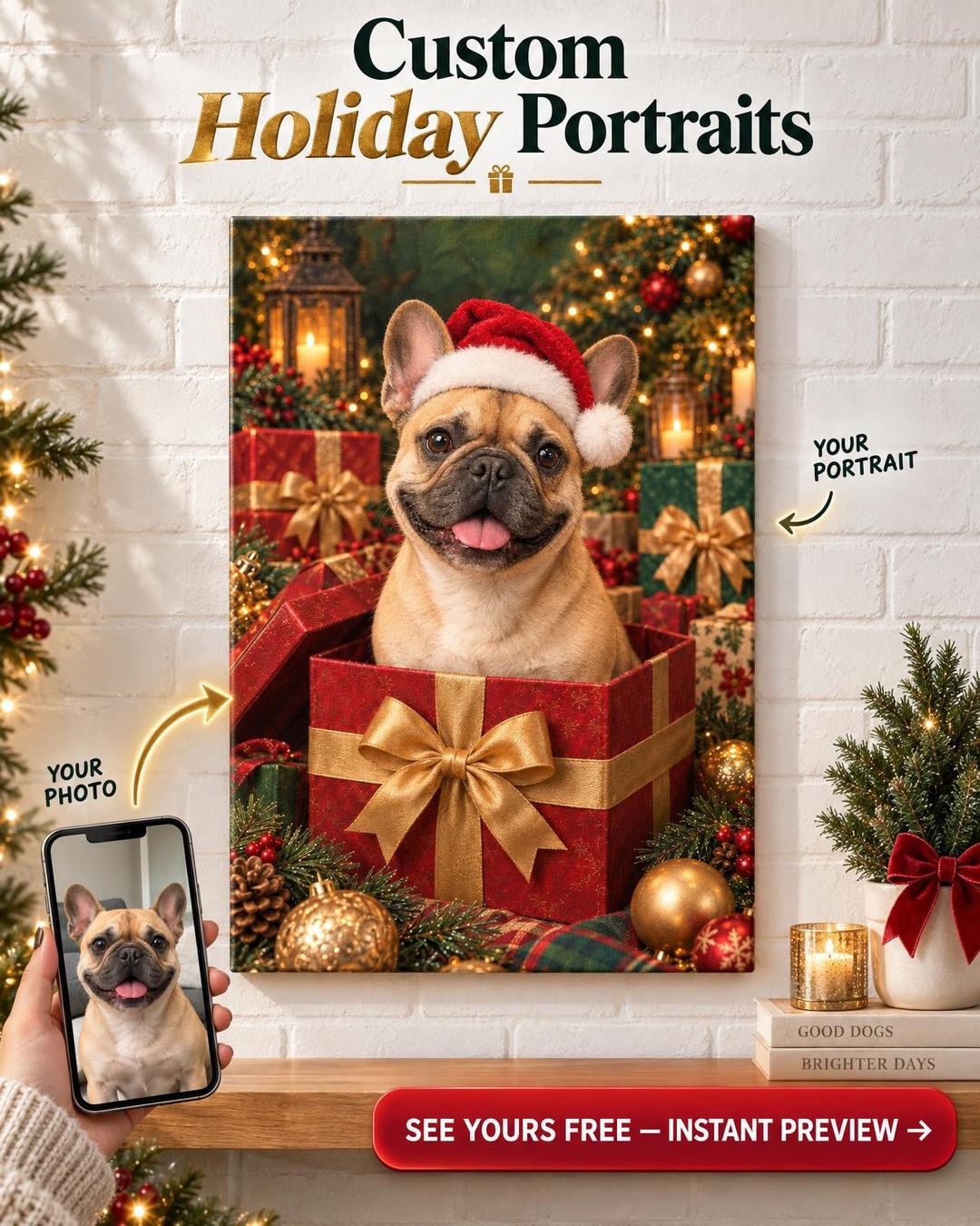 Custom Christmas Dog Portrait — Santa Hat Present Surprise Canvas from Photo