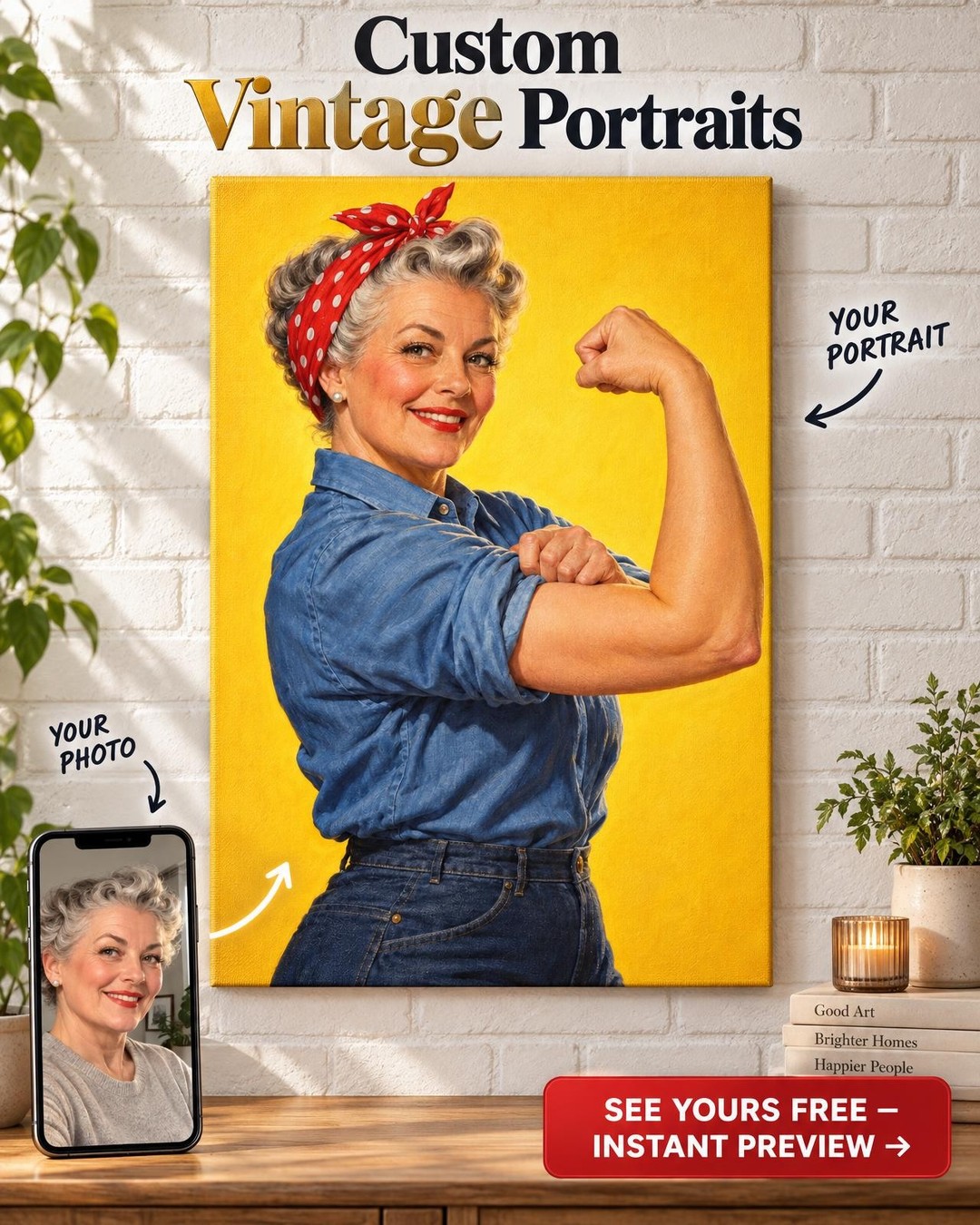 Can-Do Pin-Up Custom Portrait from Photo | Personalized Rockabilly Canvas Gift