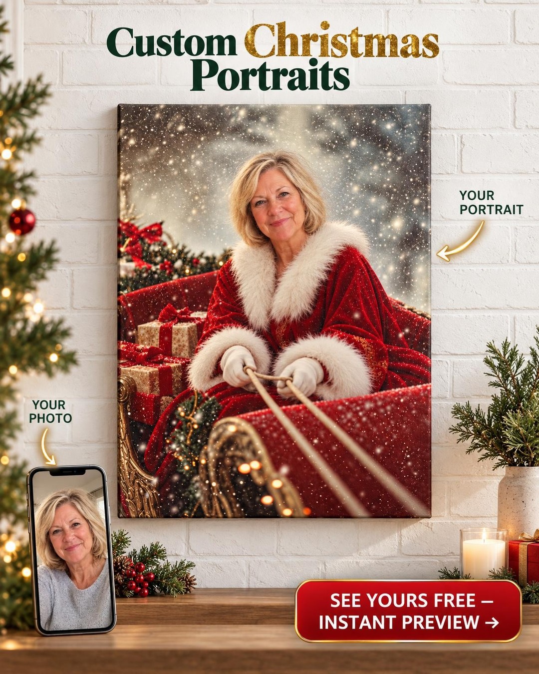 Christmas Sleigh Custom Portrait from Photo | Personalized For Her Gift