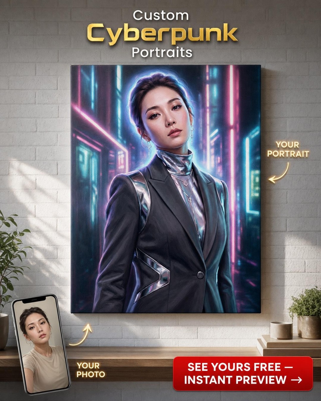 Custom Cyberpunk Woman Portrait — Heroic Neon Canvas from Photo