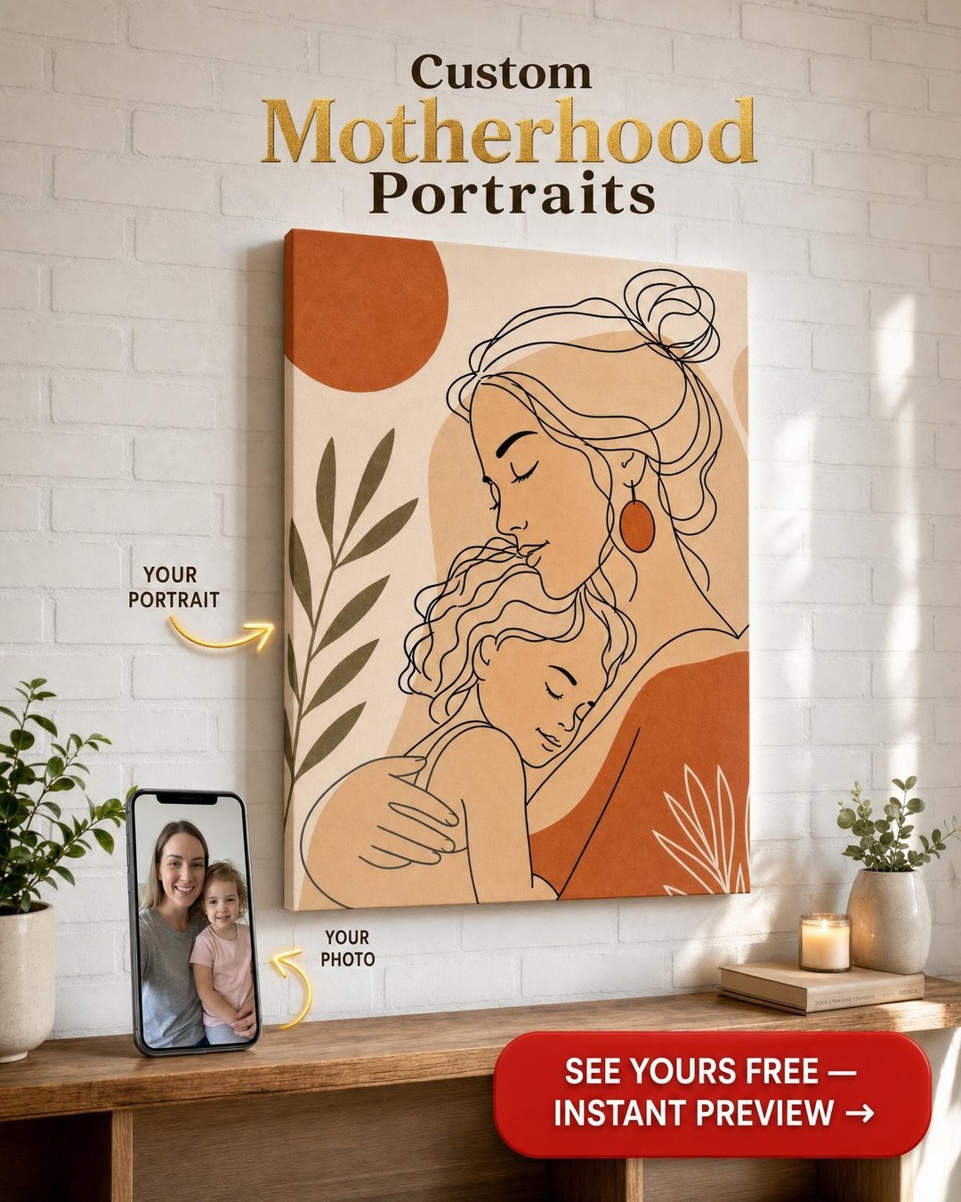 Custom Boho Mother-Child Portrait — Serene Family Canvas from Photo