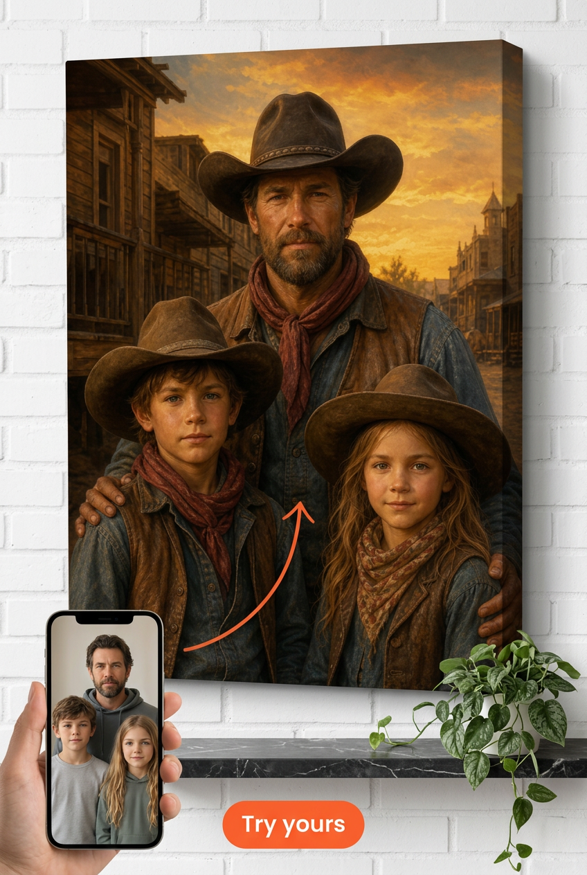 Custom Cowboy Family Portrait — Heroic Western Canvas from Photo