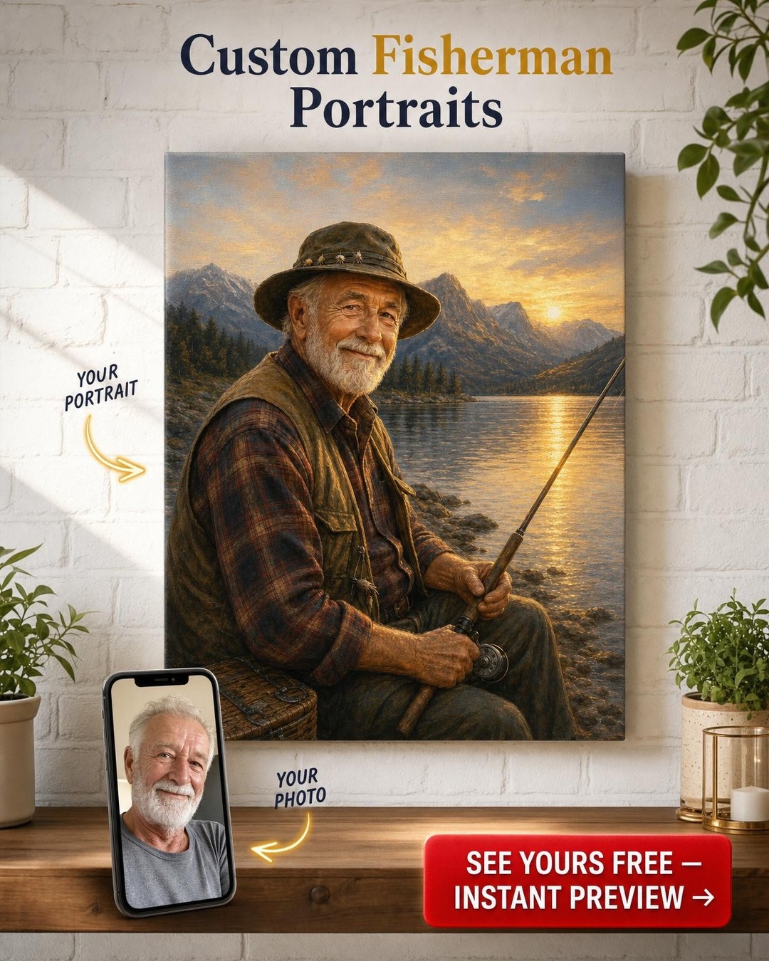 Custom Family Single Man Portrait — Serene Fishing Scene from Photo