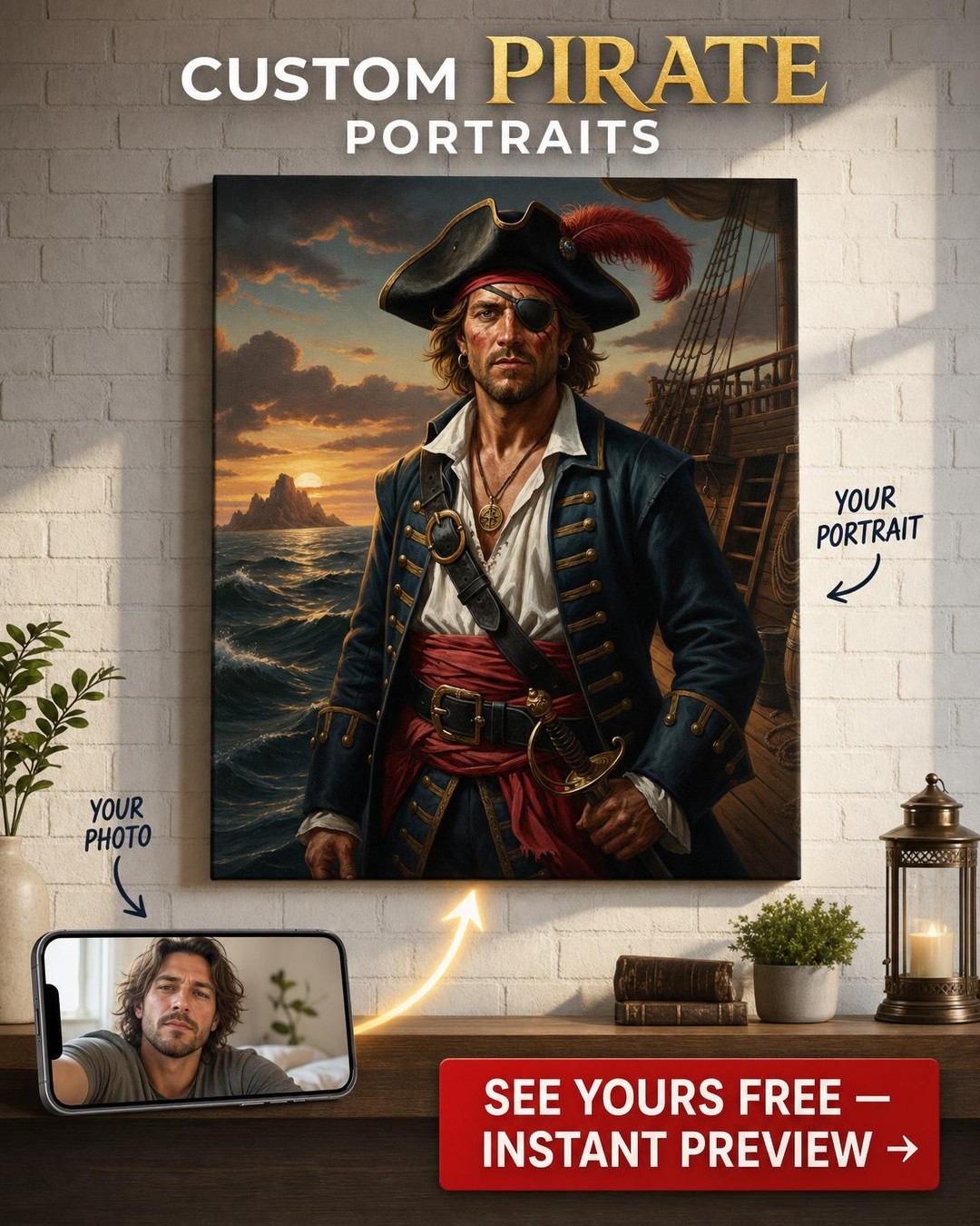 Custom Pirate Man Portrait — Heroic Sea Captain Canvas