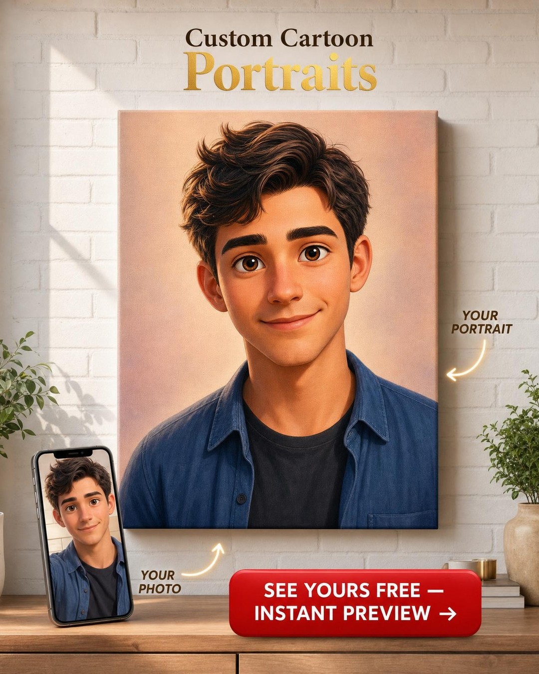 Custom 3D Cartoon Portrait for Men — Whimsical Canvas from Photo