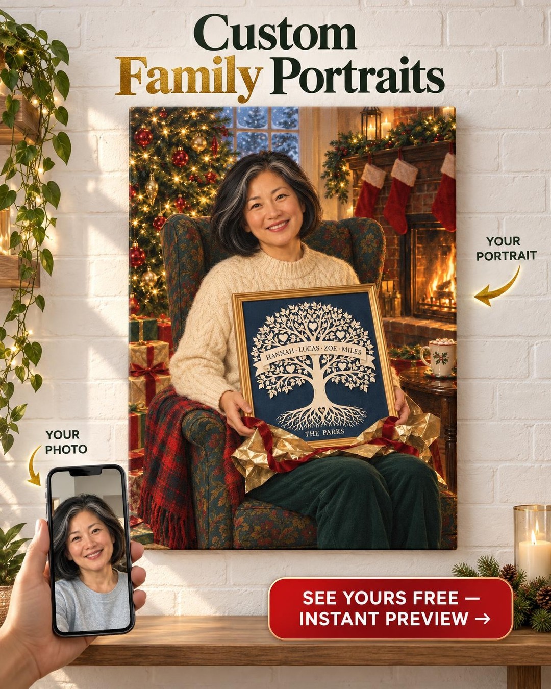 Christmas by the Fire Custom Portrait from Photo | Personalized Bonus Mom Gift