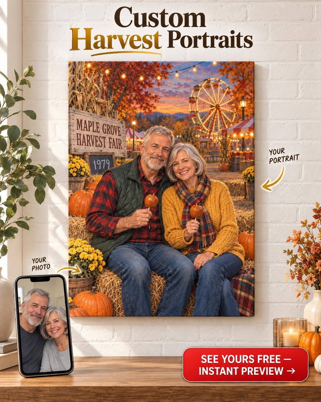 Harvest Fair Couple Custom Portrait from Photo | Personalized County Fair Gift