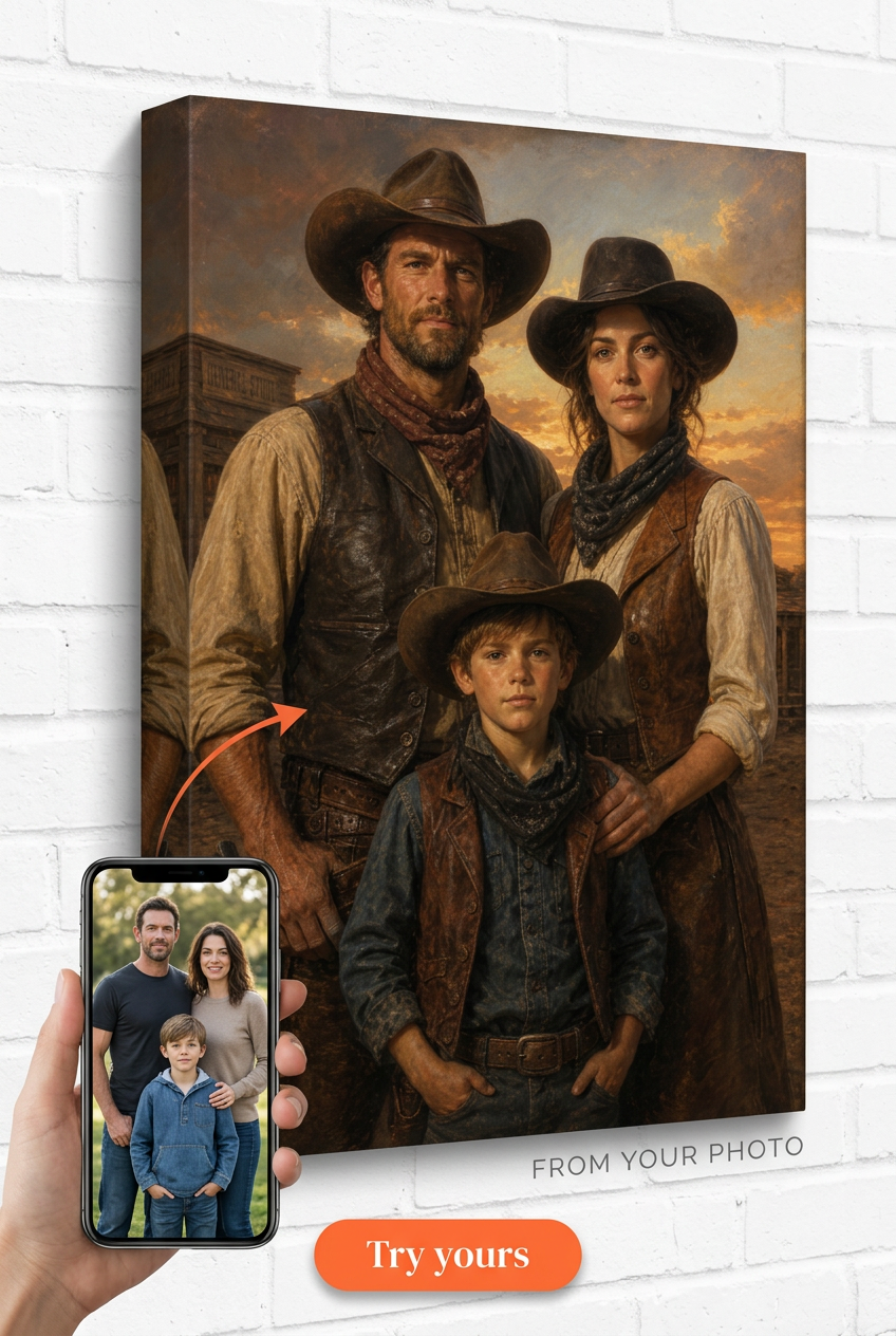 Custom Cowboy Family Portrait — Heroic Western Canvas from Photo