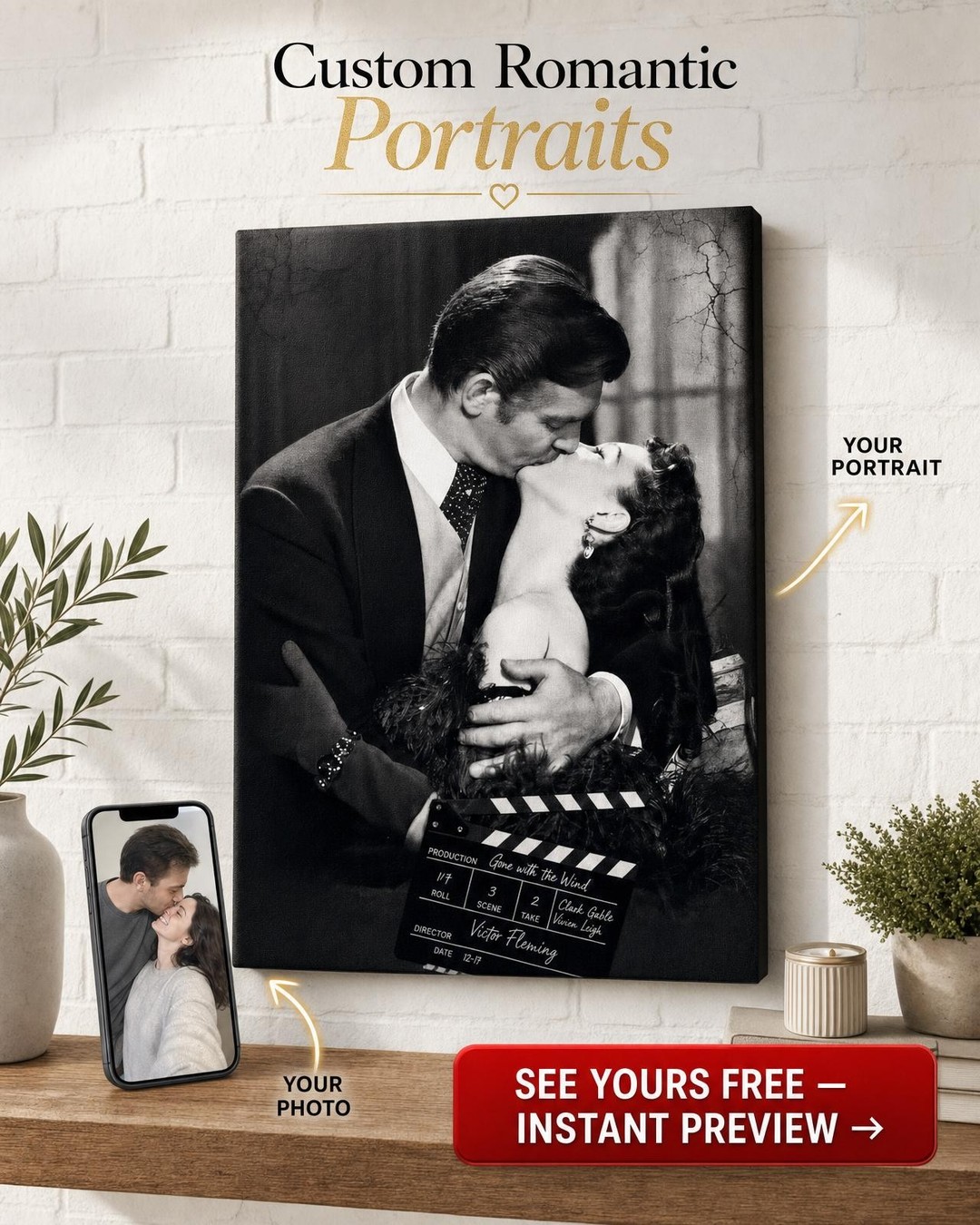 Vintage Hollywood Romance Custom Portrait from Photo | Personalized Canvas Gift