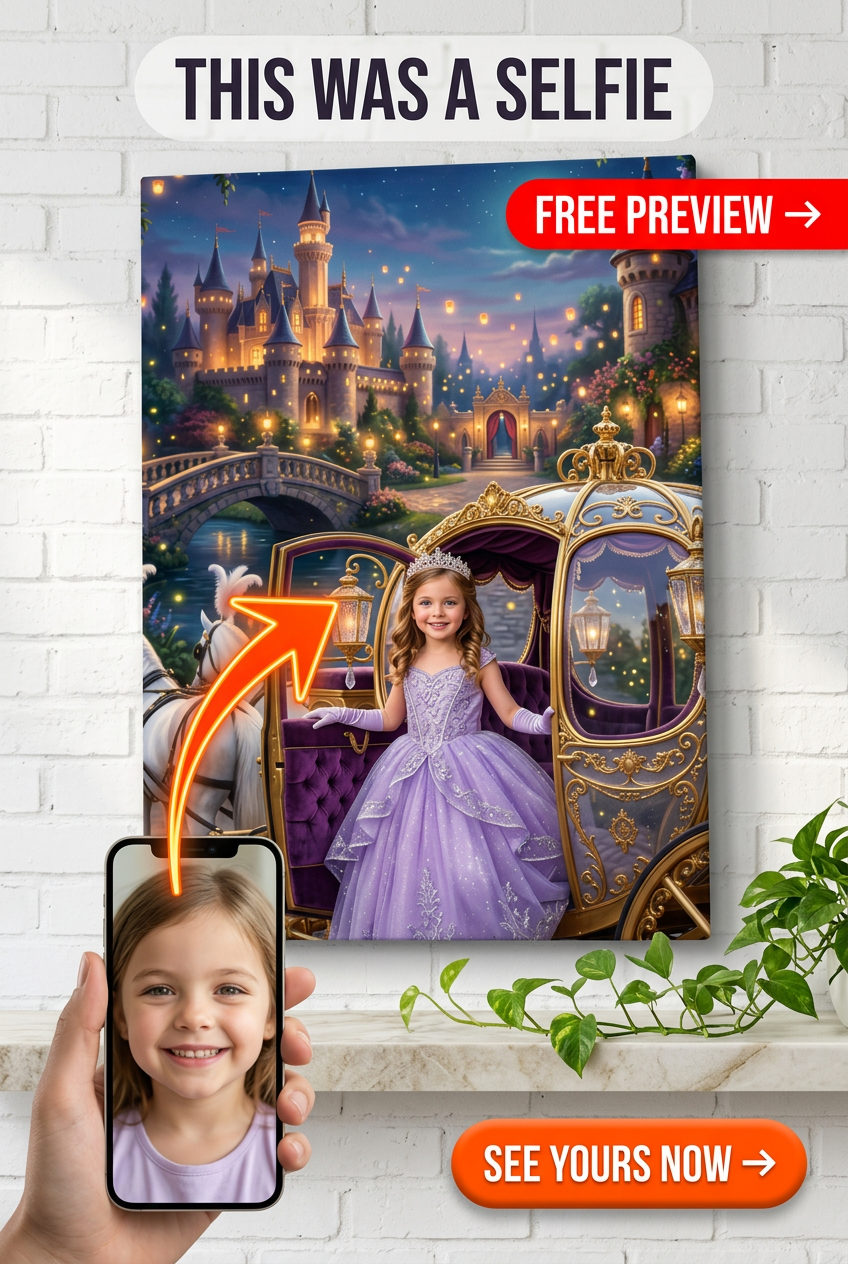 Custom Fantasy Girl Portrait — Whimsical Castle Carriage Canvas