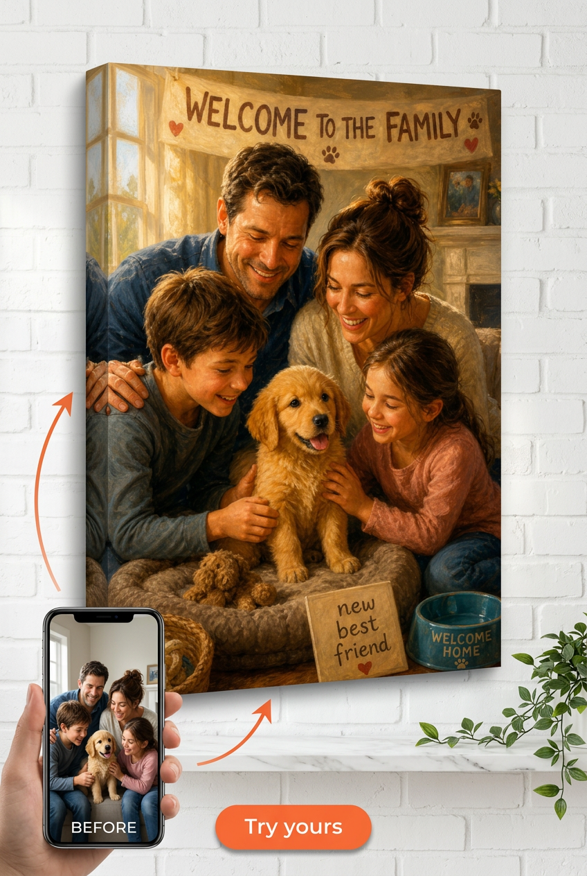 Family Welcomes New Pet Gift — Joyful Canvas from Photo