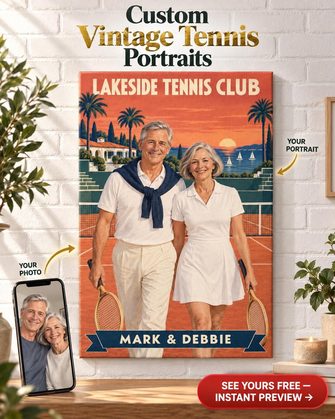 Vintage Tennis Portrait Gift: 1930s Style Canvas