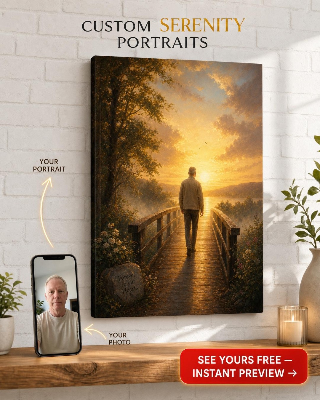 Custom Memorial Man Portrait — Sunset Bridge Canvas from Photo