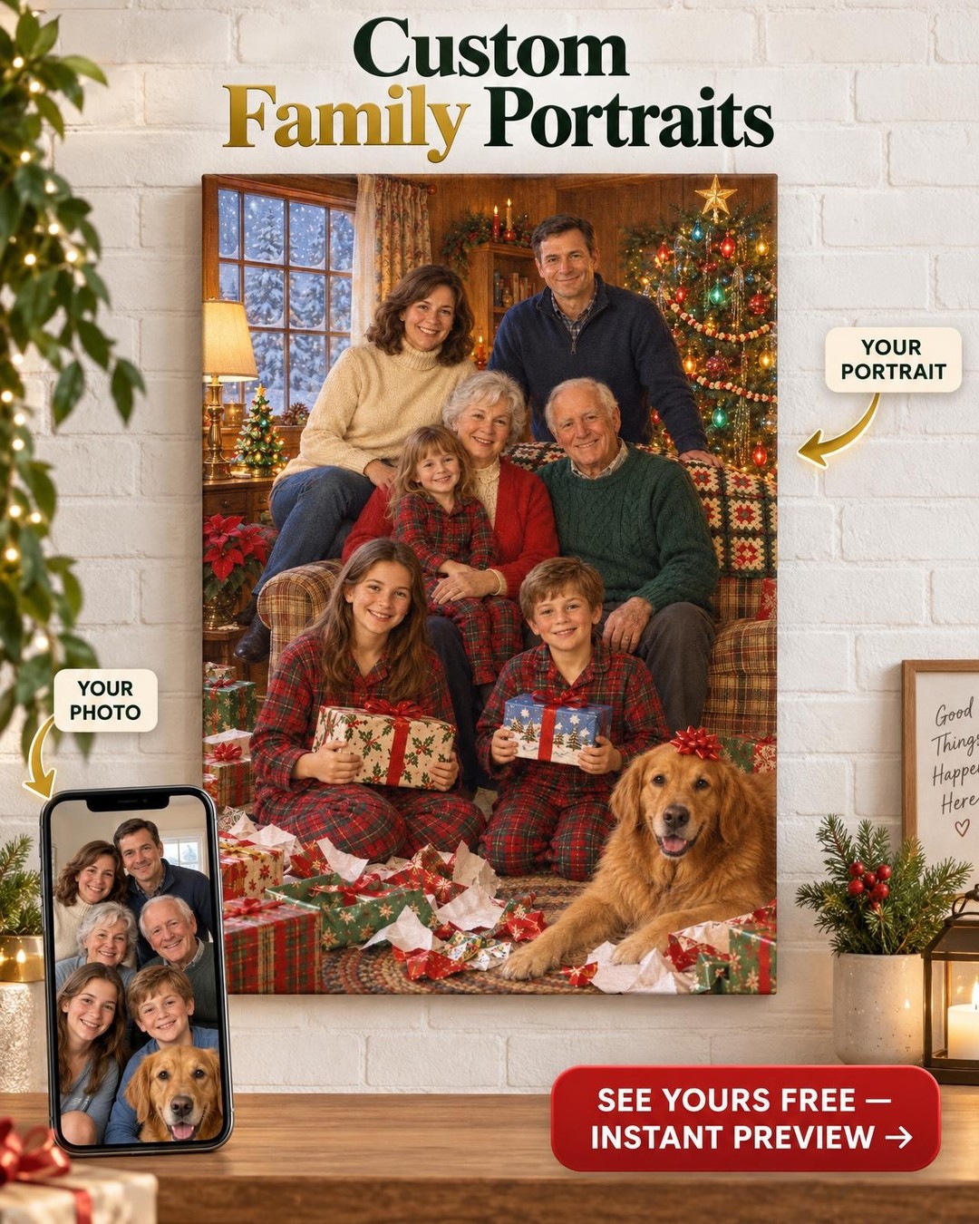 Christmas Morning at Grandma’s Custom Portrait from Photo | Personalized Christmas Portrait Gift