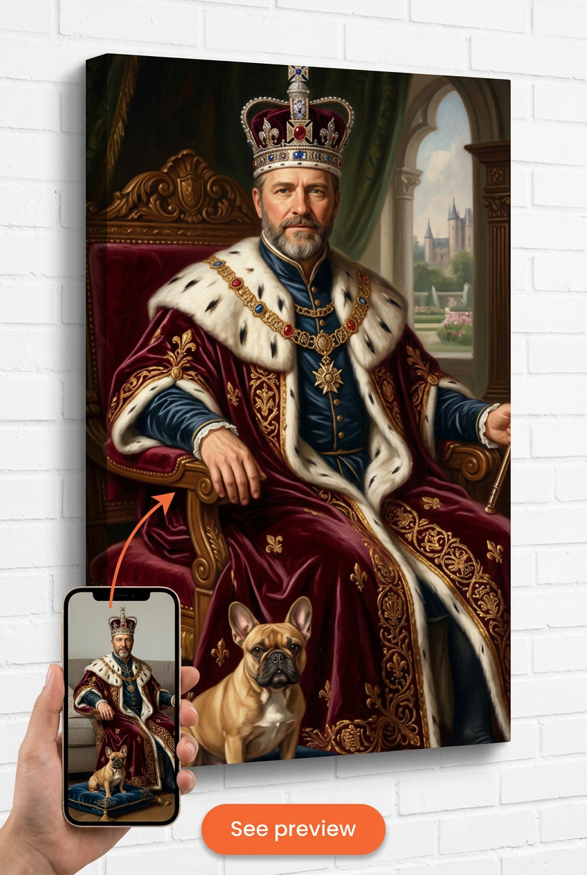 Custom Royal Man & Dog Portrait — Regal Throne Canvas