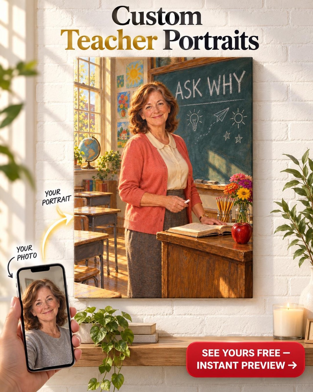 Teacher Custom Portrait from Photo | Personalized Her Stage Gift