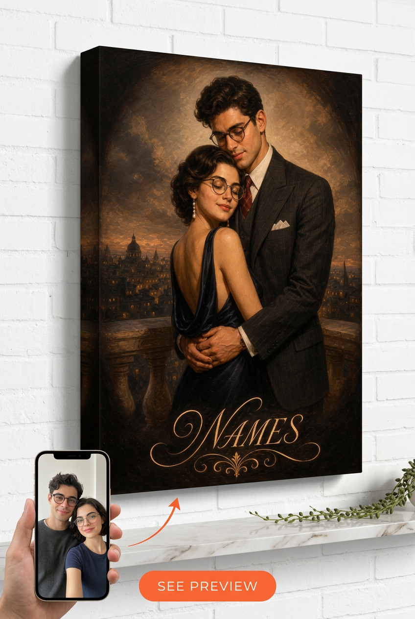 Custom 1940s Hollywood Balcony Couple Portrait from Photo | Personalized Gift