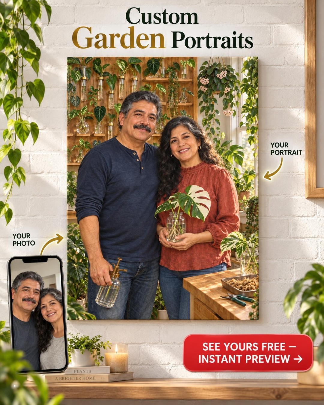 Propagation Wall Couple Custom Portrait from Photo | Personalized Houseplants Gift