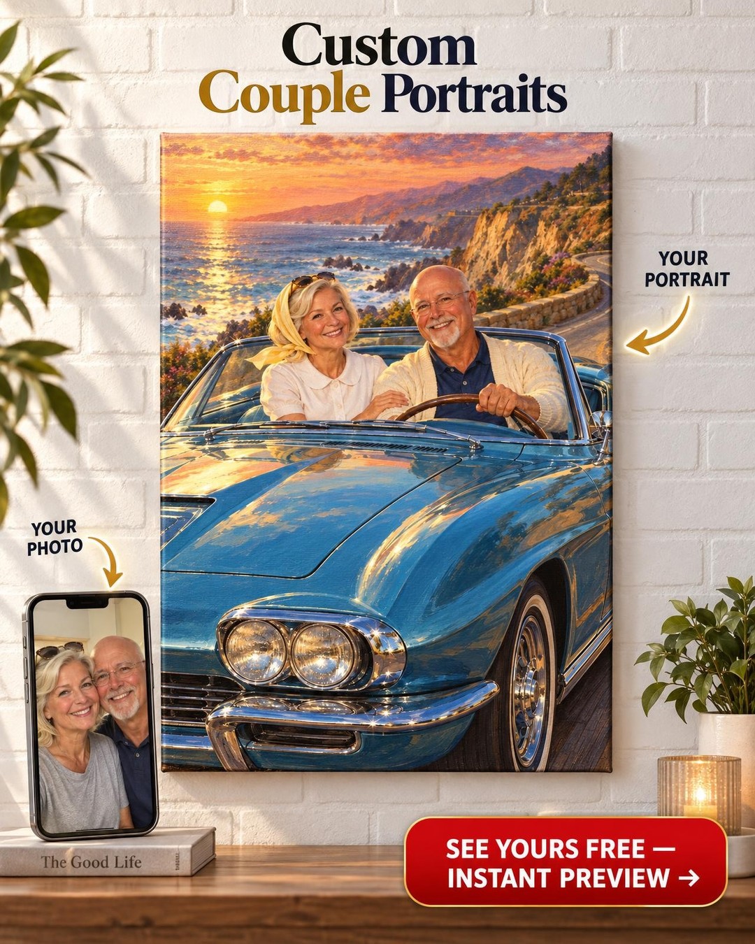 Top Down on the Coast Custom Portrait from Photo | Personalized Classic Car Gift