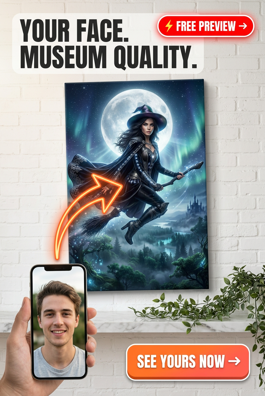 Custom Fantasy Woman Portrait — Whimsical Witch Canvas from Photo