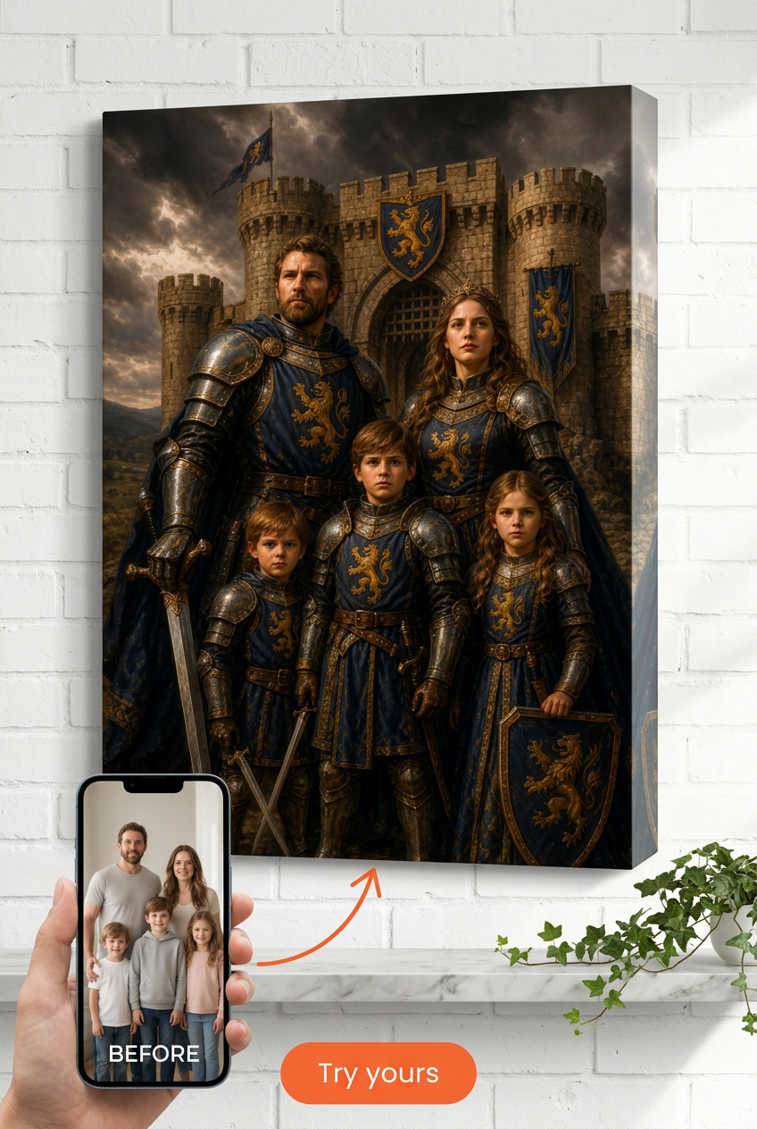 Custom Knight Family Portrait — Heroic Castle Canvas from Photo