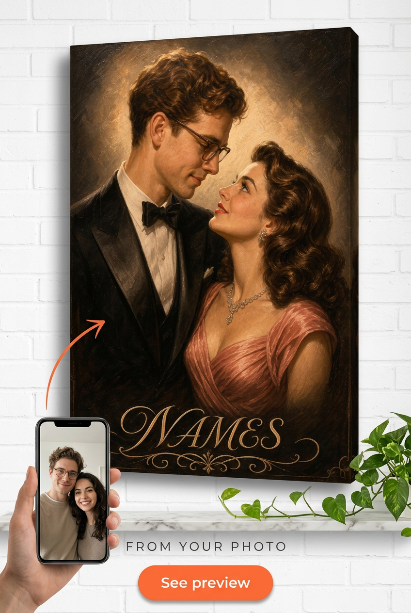 Custom 1940s Hollywood Glamour Couple Portrait from Photo | Personalized Gift