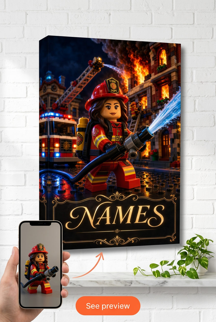 Custom Brick Minifigure Firefighter Hero Portrait from Photo | Personalized Gift