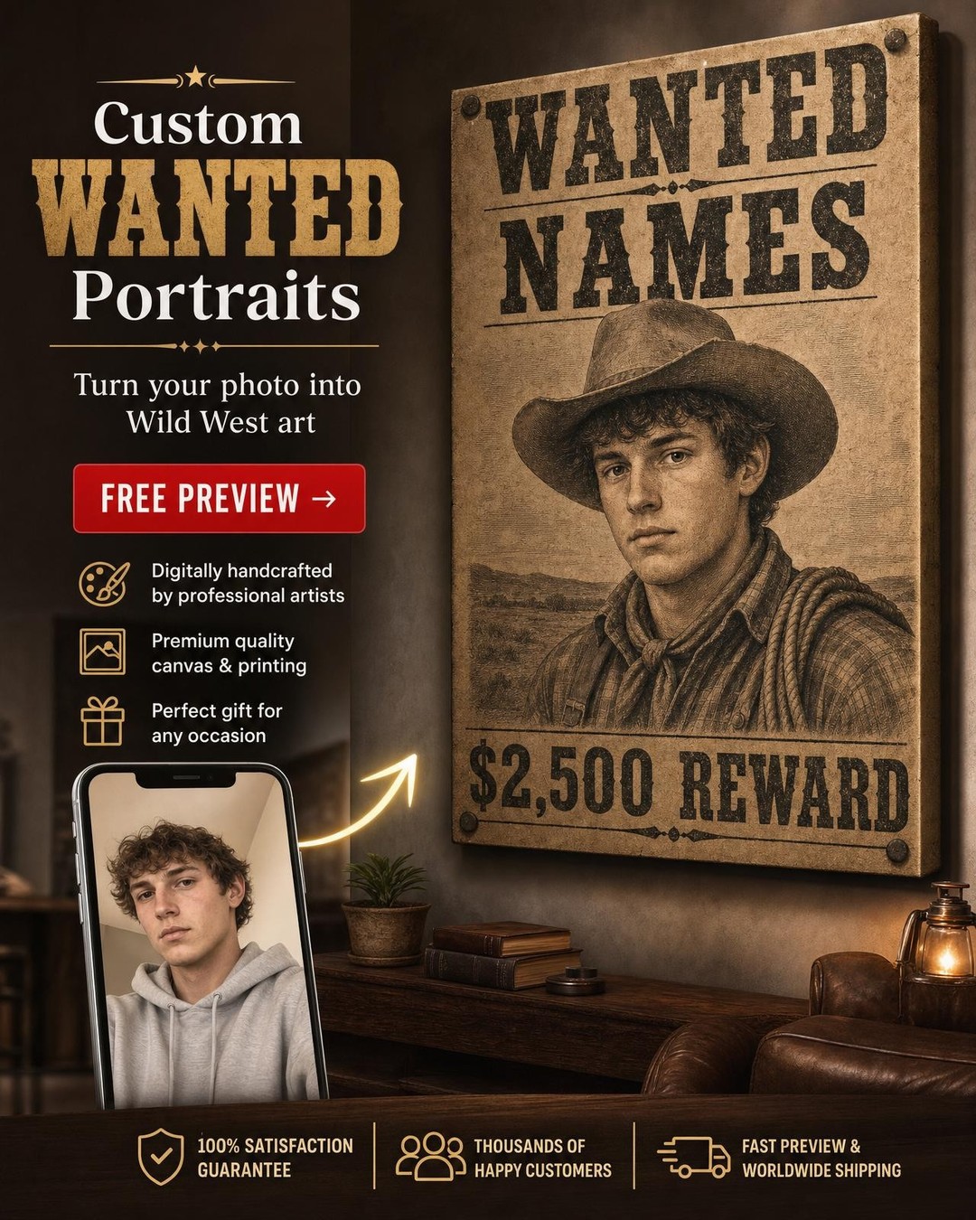 Cattle Rustler Wanted Poster Custom Portrait | Premium Canvas Portraits