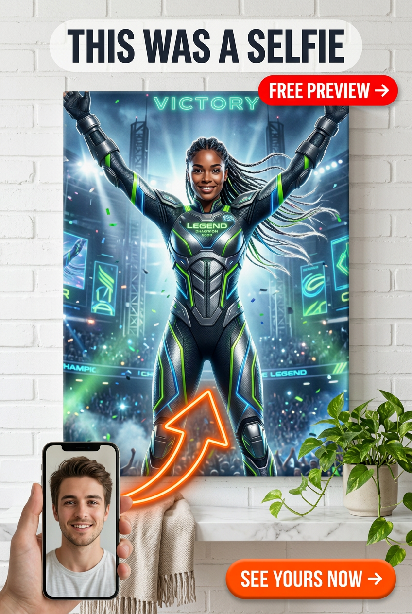 Custom Superhero Man Portrait — Victory Pose Canvas for Women