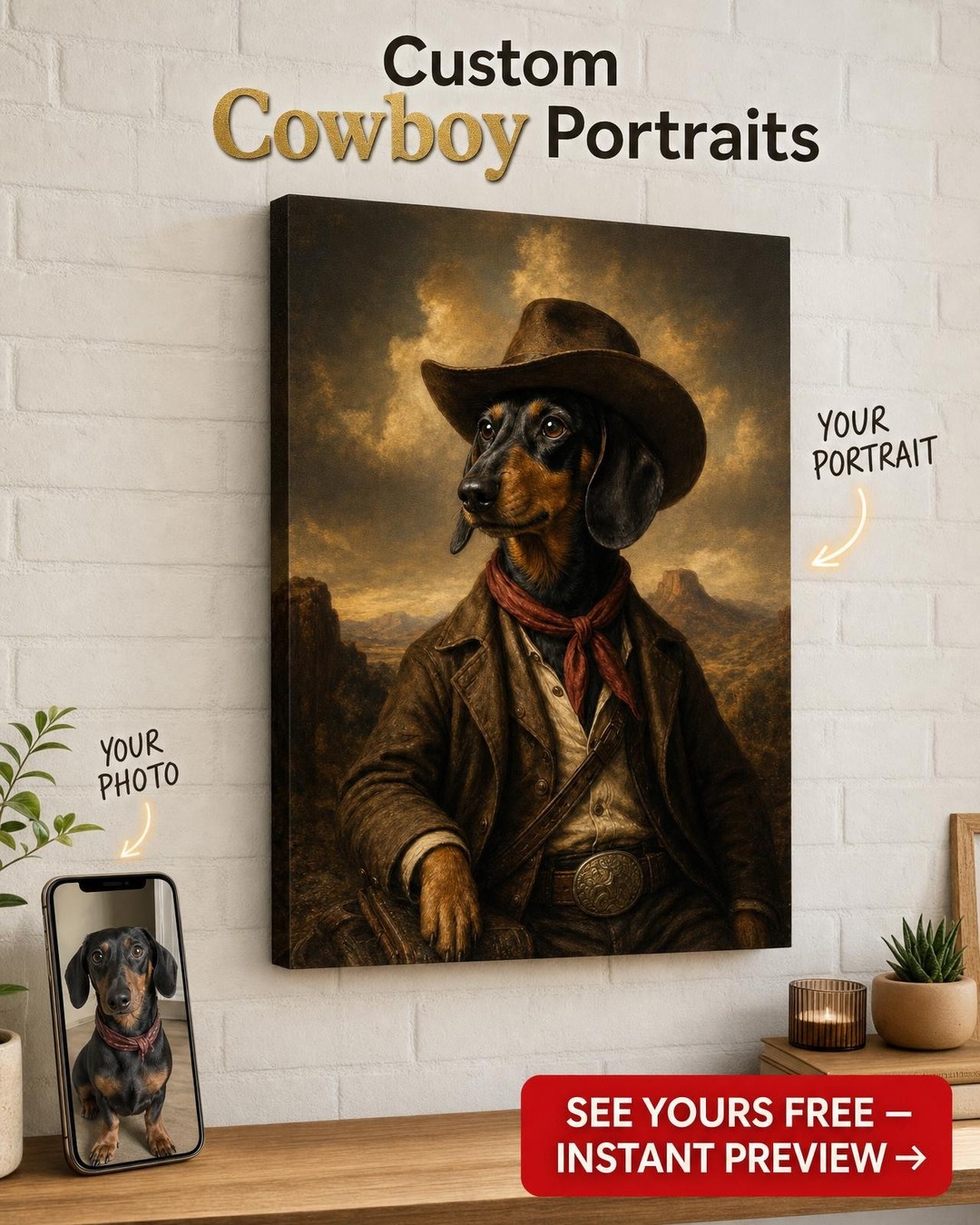 Custom Cowboy Pet Portrait — Whimsical Dog Canvas Art